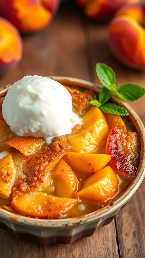 A delicious peach cobbler with a golden crust and juicy peach filling, served with melting vanilla ice cream.
